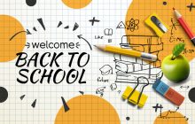 鉛筆、鉛筆削り、赤鉛筆、消しゴムクリップ、スナックなどを交えWelcome BACK TO SCHOOLを想起させるイメージ