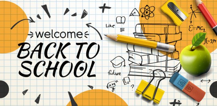 鉛筆、鉛筆削り、赤鉛筆、消しゴムクリップ、スナックなどを交えWelcome BACK TO SCHOOLを想起させるイメージ