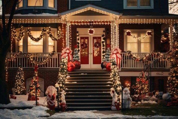 アメリカの一軒家にクリスマスライトアップが施されている様子